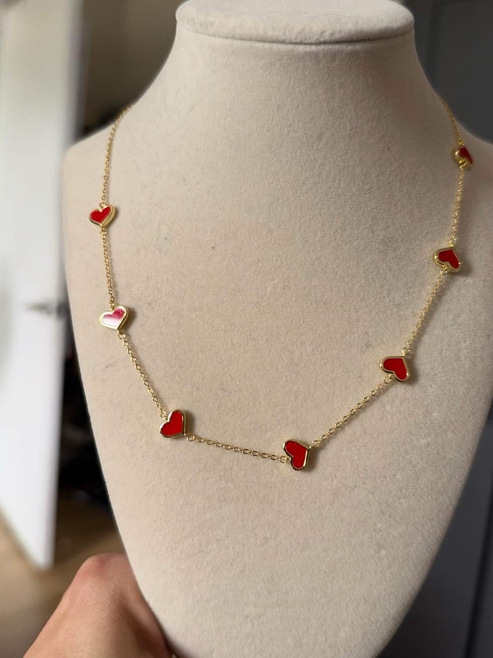 Gold Chain Necklace with Red Heart Charms